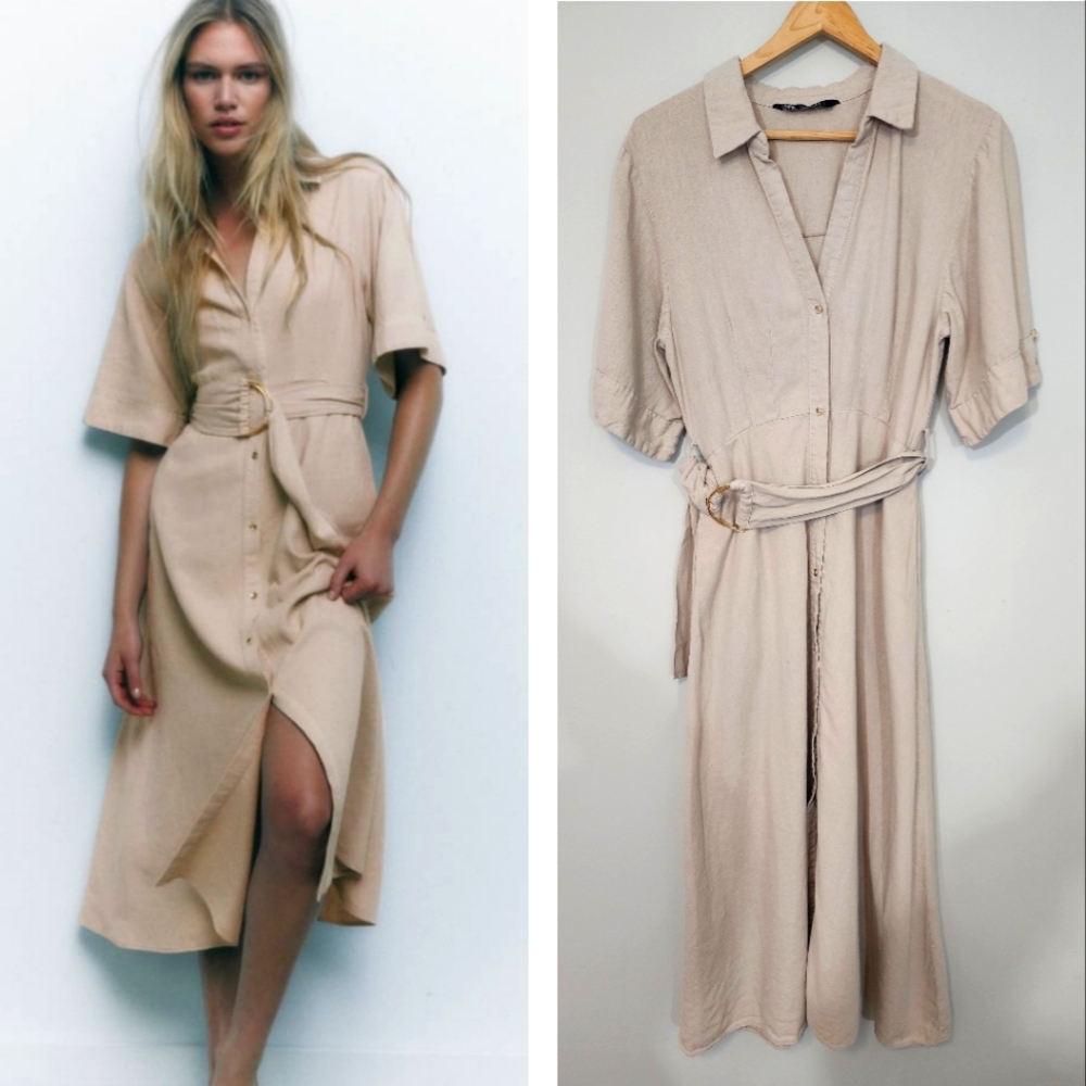Zara Beige Shirt Midi Dress with Belt
